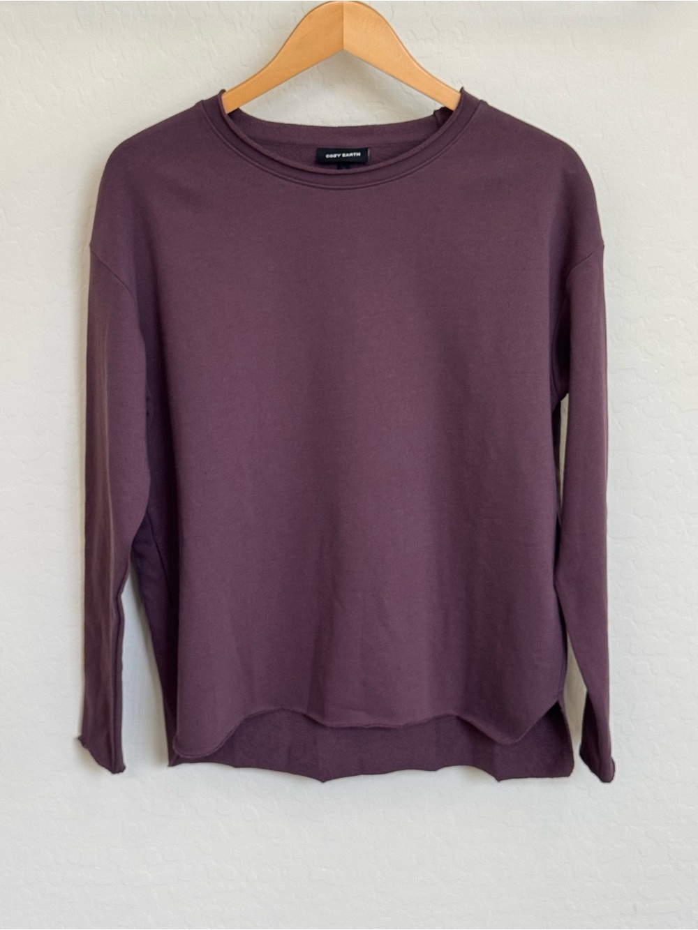Cozy Earth Chelsea Pullover Organic Cotton Raw Edge Sweatshirt Fig Purple S